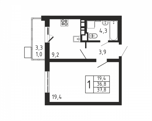 1-комнатная, квартира, 37.8 м²