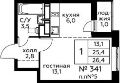1-комнатная квартира 26,4 м²