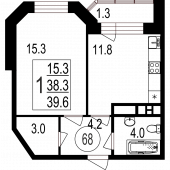 1-комнатная квартира 39,6 м²