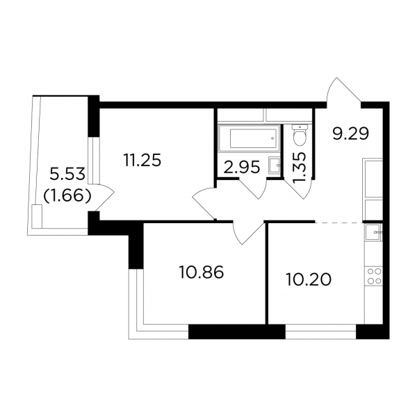 2-комнатная квартира №115, 47,6 м² за 12,65 млн руб. в ЖК «Одинград»: кварталы «Лесной» и «Центральный» - планировка