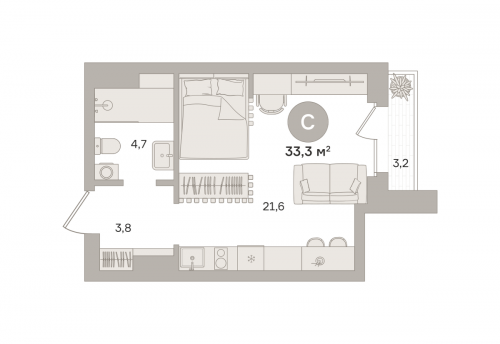Студия, 33.88 м²