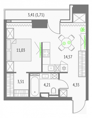 Студия, 39.38 м²