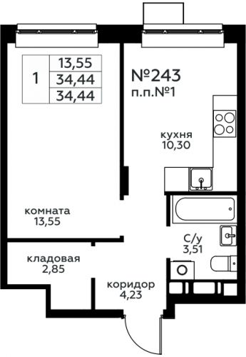1-комнатная, 34.44 м²