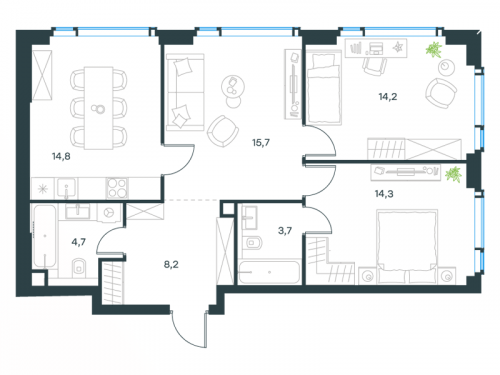 3-комнатная, 75.6 м²
