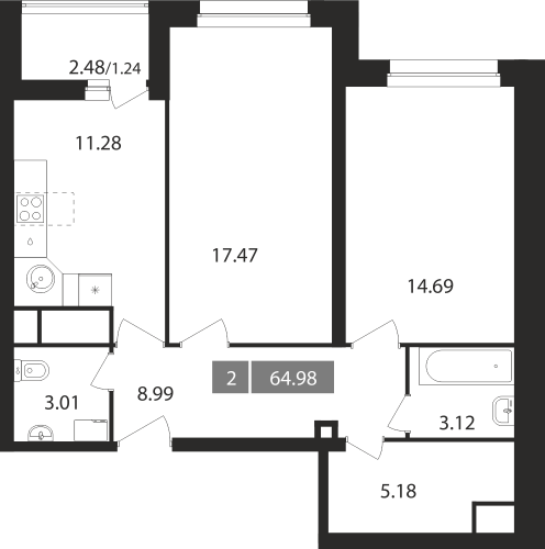 2-комнатная, квартира, 64.98 м²