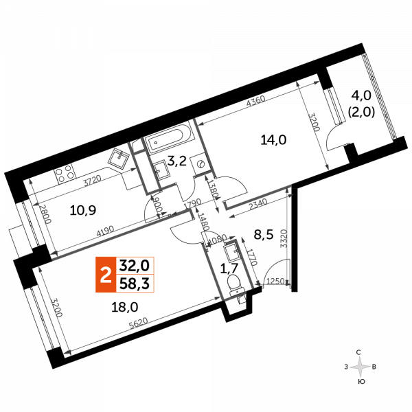 2 комнаты до 58.3
