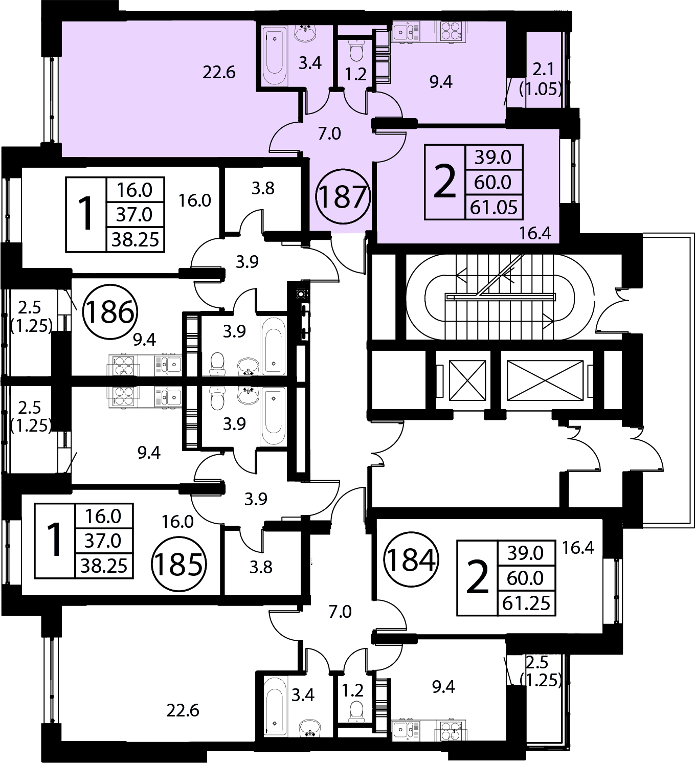 2-комнатная квартира №187, 61,1 м² за 9,65 млн руб. в ЖК «Космос» - планировка