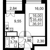 1-комнатная квартира 36,91 м²