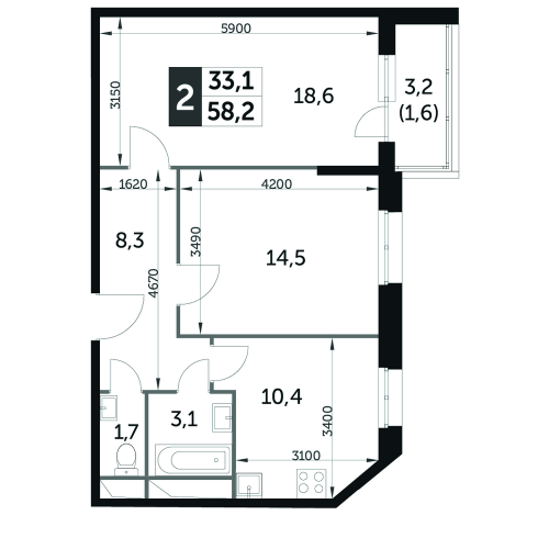2-комнатная, квартира, 58.2 м²