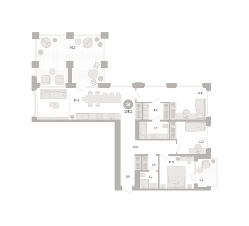 3-комнатная, квартира, 138.1 м²