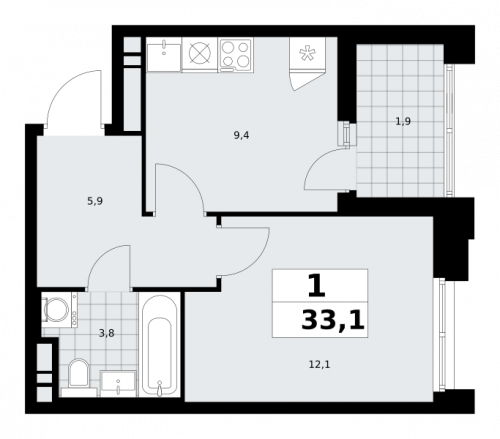 1-комнатная, 33.1 м²