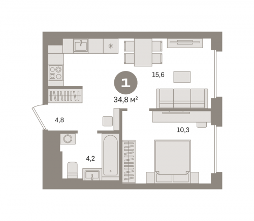 1-комнатная, квартира, 34.82 м²