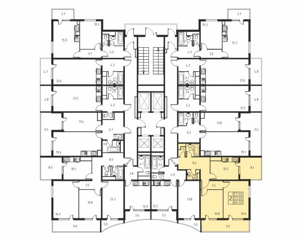 2-комнатная, квартира, 53.2 м²