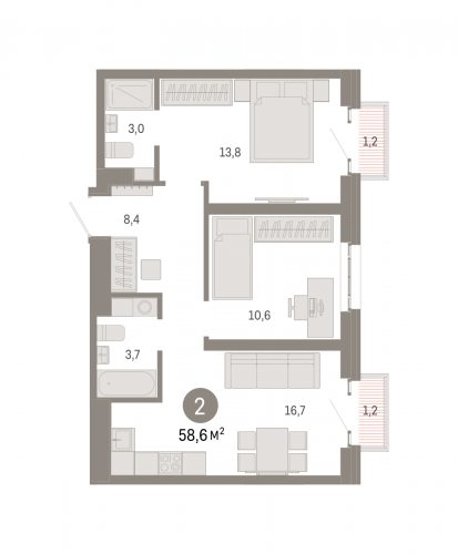 2-комнатная, квартира, 58.6 м²
