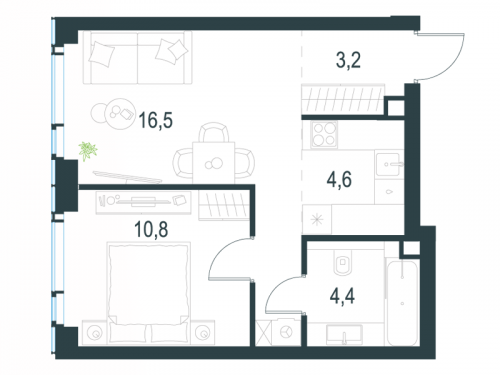 2-комнатная, 39.5 м²