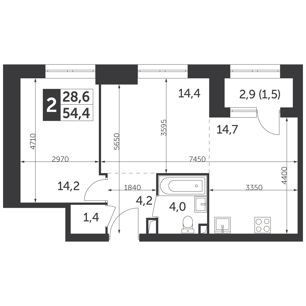 2-комнатная квартира №700, 54,4 м² за 31,87 млн руб. в ЖК «Режиссер»  - планировка