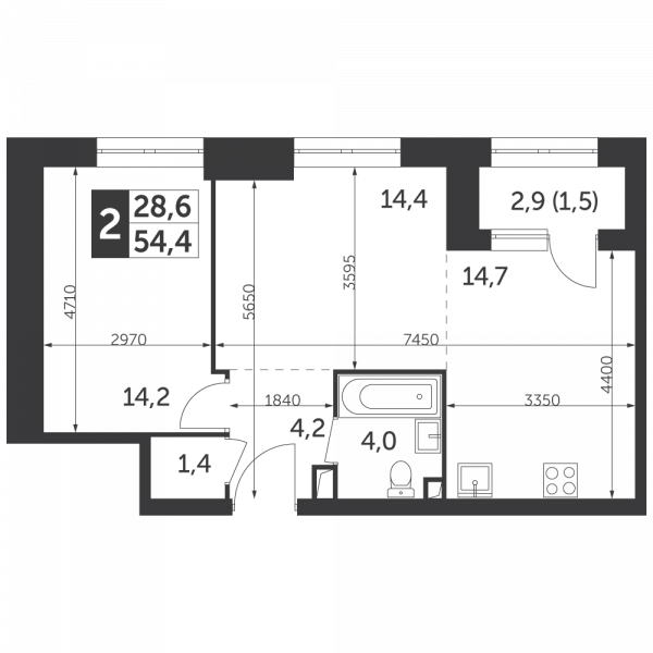 2 комнаты до 54.4