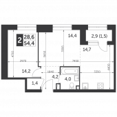 2-комнатная квартира 54,4 м²