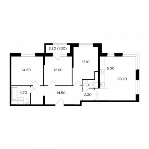 Многокомнатная, 89.5 м²