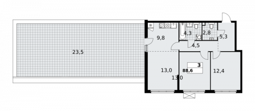 3-комнатная, 88.6 м²