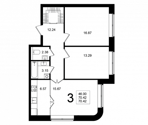 3-комнатная, квартира, 70.42 м²