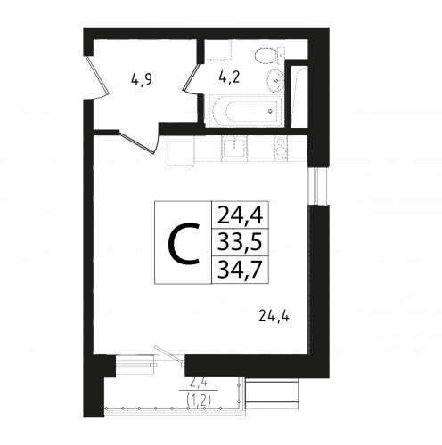 Студия, 33.3 м²