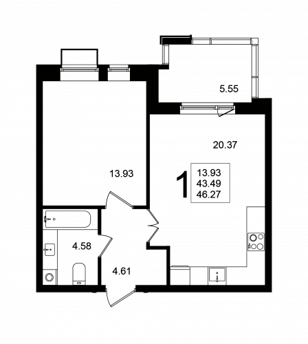 1-комнатная, квартира, 46.27 м²