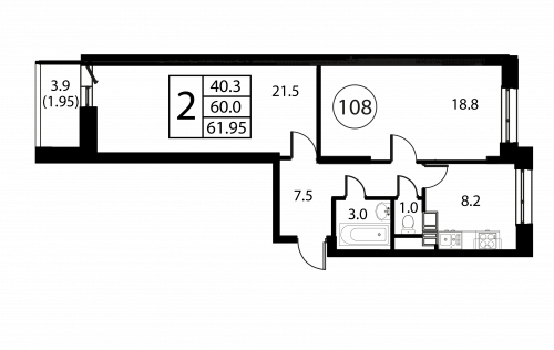 2-комнатная, квартира, 61.95 м²