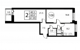 2-комнатная квартира 61,95 м²