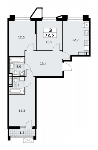3-комнатная, 72.5 м²