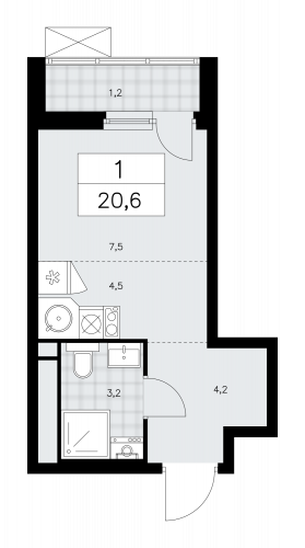 1-комнатная, 20.6 м²