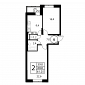 2-комнатная квартира 61,25 м²