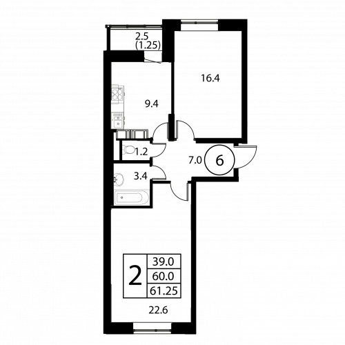 2-комнатная, квартира, 61.25 м²