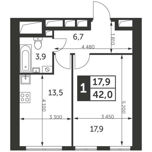 1-комнатная, квартира, 42 м²