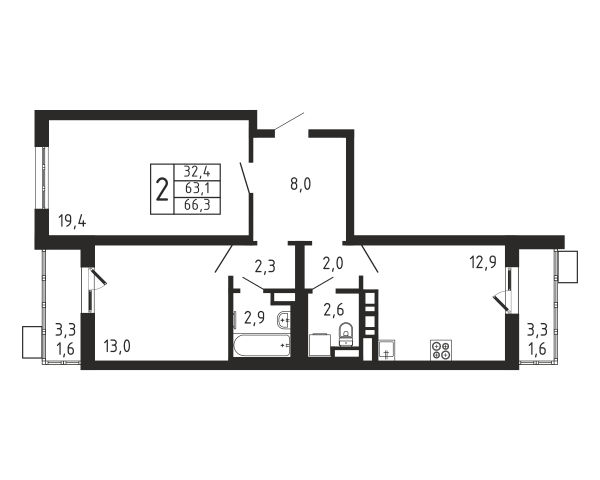 2 комнаты до 66.3
