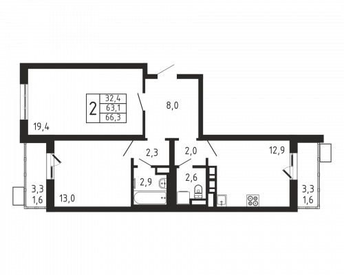 2-комнатная, квартира, 66.3 м²