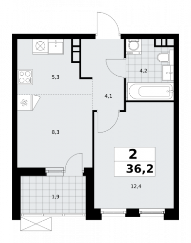 2-комнатная, 36.2 м²