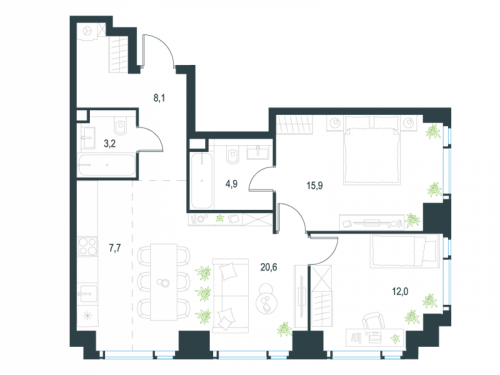 3-комнатная, 72.4 м²