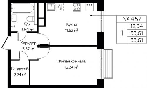 1-комнатная, 33.61 м²