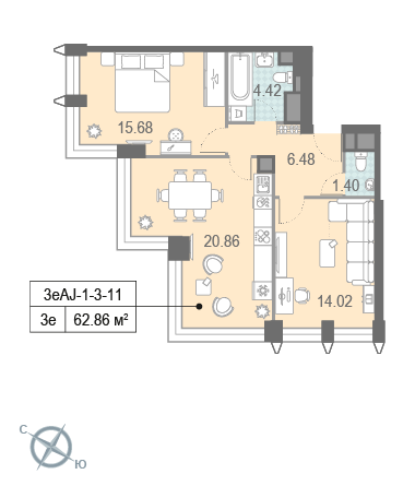 2-комнатная квартира №136346, 62,9 м² за 28,26 млн руб. в ЖК «Зиларт» - планировка