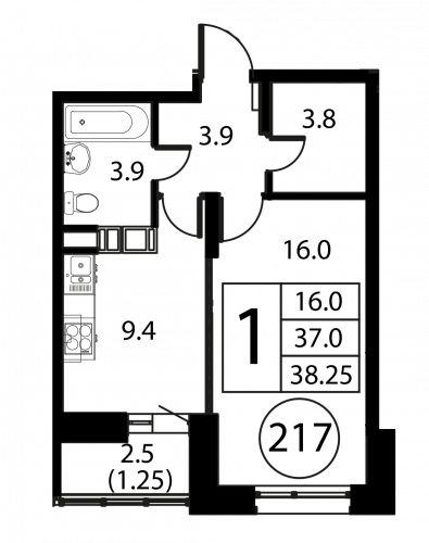 1-комнатная, квартира, 38.25 м²