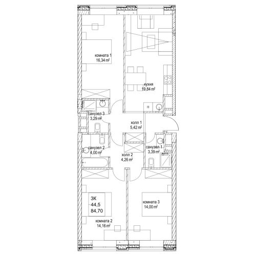 3-комнатная, квартира, 84.63 м²