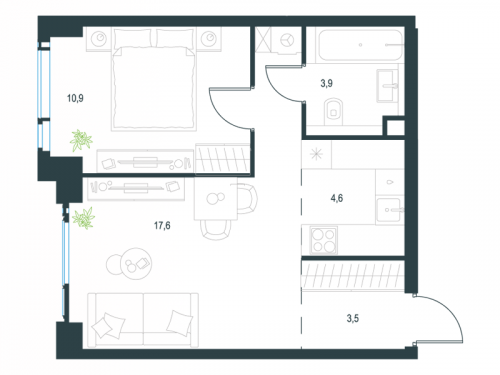 2-комнатная, 40.5 м²