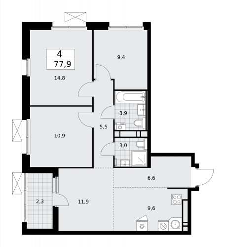 Многокомнатная, 77.9 м²