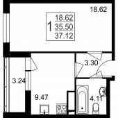 1-комнатная квартира 37,12 м²