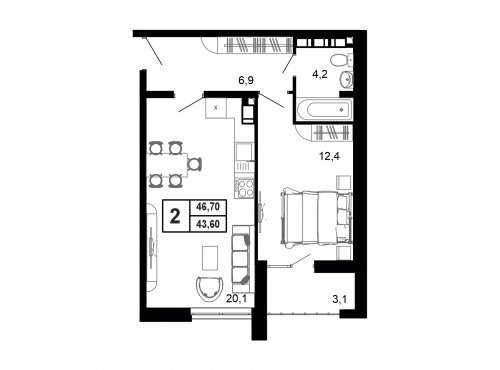 2-комнатная, 44.5 м²