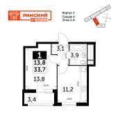 1-комнатная квартира 33,7 м²
