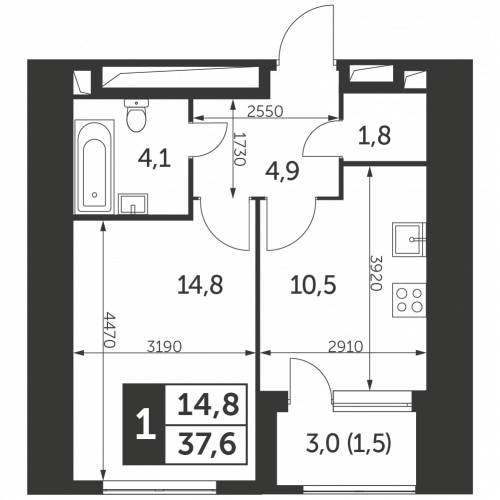1-комнатная, квартира, 37.6 м²