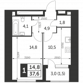 1-комнатная квартира 37,6 м²