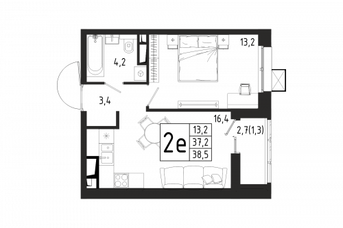1-комнатная, квартира, 38.5 м²